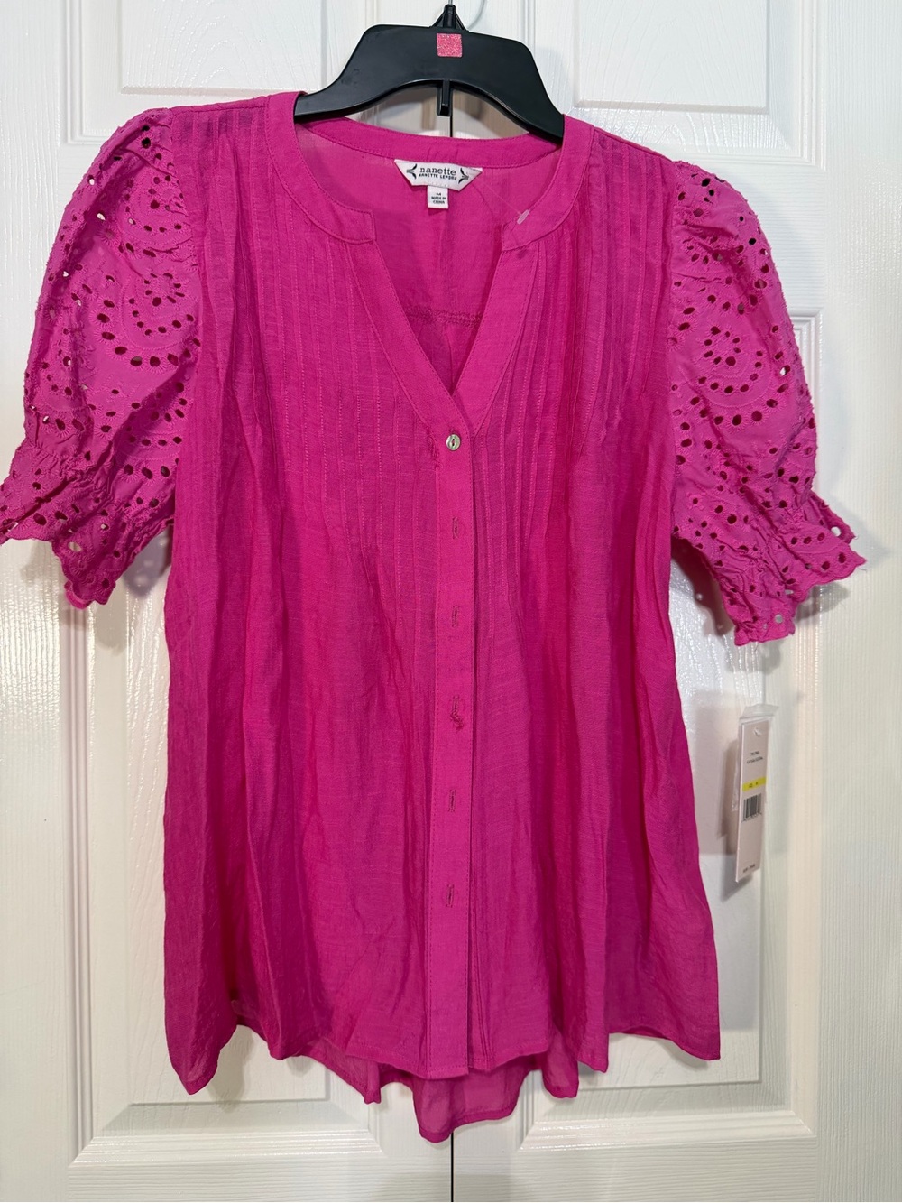Nanette Lepore Casual Eyelet Puff‎ Sleeve Blouse - Magenta